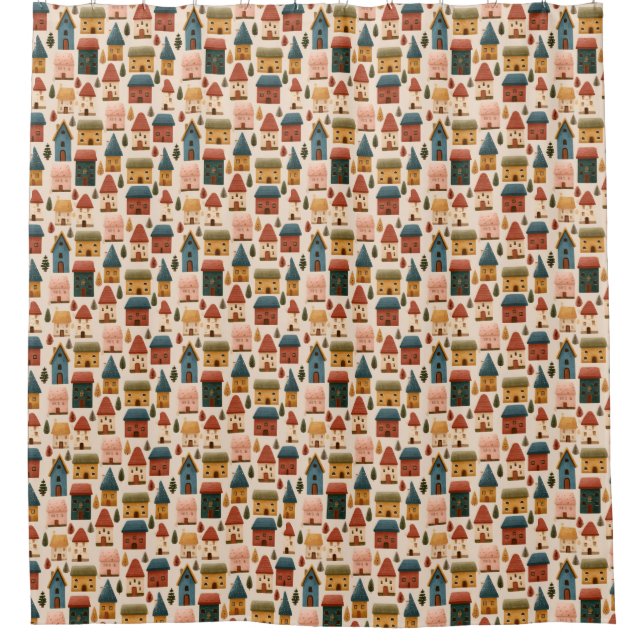 Cortina De Ducha Rustic Festive Christmas Houses Seamless Pattern (Anverso)