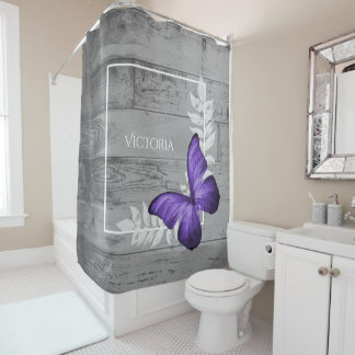 Cortina De Ducha Rústica de mariposa morada personalizada