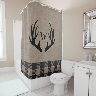 Cortina De Ducha Rústico Cabin Lodge Antlers Monogramed Linen