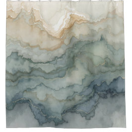 Cortina De Ducha Sage Green Dusty Blue Beige Abstract Waves