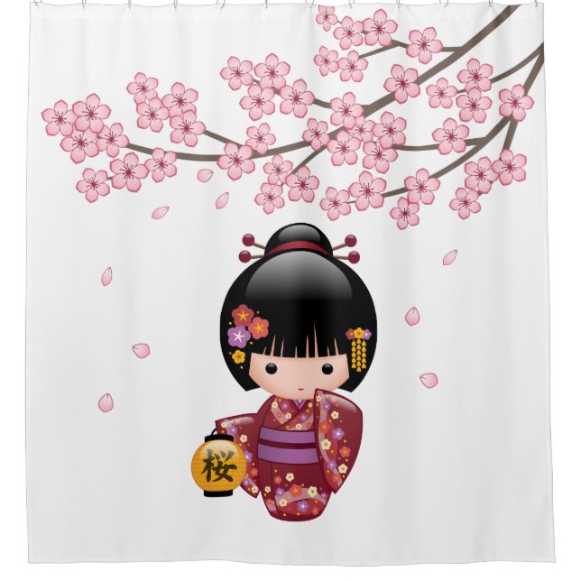 Cortina De Ducha Sakura Kokeshi Doll Geisha Chica Cherry Blossom (Anverso)