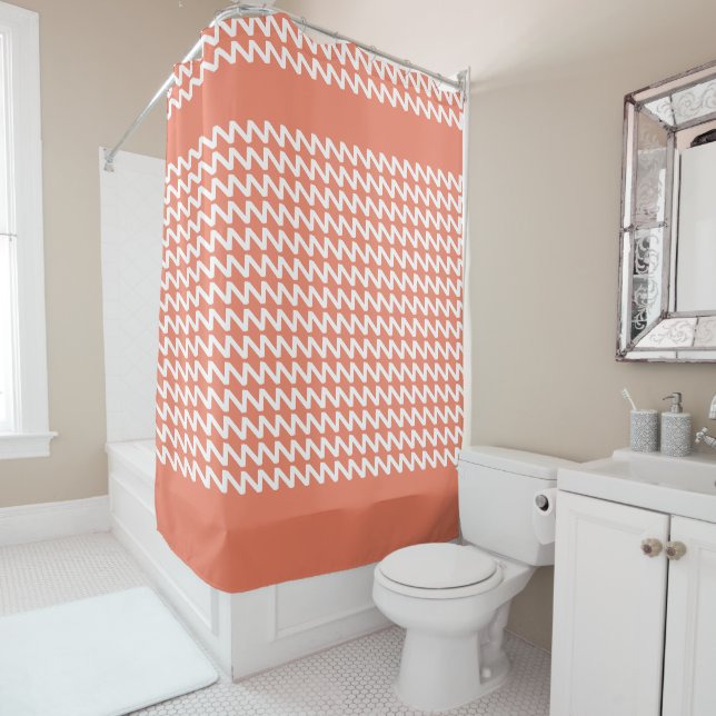 Cortina De Ducha Salmón Rojo y Waves blancas modernas y negras (In situ)