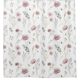 Cortina De Ducha Salvia Rosa Verde Flor Silvestre Aquarela