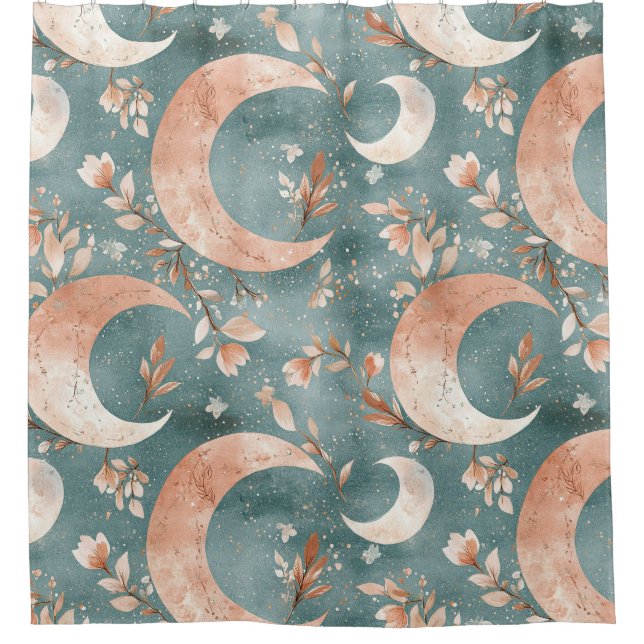 Cortina De Ducha Salvia Teal Celestial Crescente Floral (Anverso)