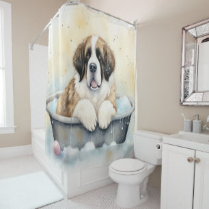 Cortina De Ducha San Bernardo En Bañera Acuarela Perro Arte