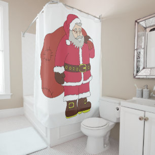 Cortina De Ducha Santa Claus de rojo con bolsa de regalo y anteojos