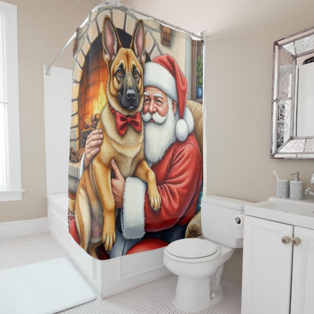 Cortina De Ducha Santa Claus Holding Belgian Malinois Christmas Art (In situ)