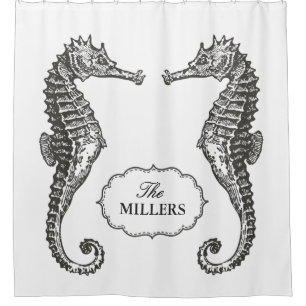 Cortina De Ducha Seahorse dibujado mano con el texto del marco del