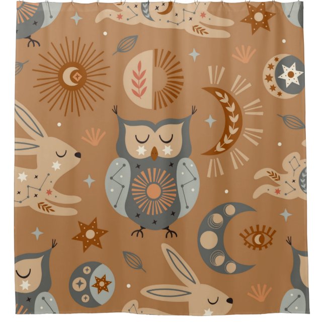 Cortina De Ducha seamless pattern with celestial owl and hare (Anverso)