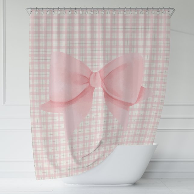 Cortina De Ducha Sencilla granja de pasto rosado (Simple Pink Bow Plaid Farmhouse Shower Curtain)