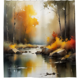 Cortina De Ducha Serene vibrante pintura del paisaje del río Otoño