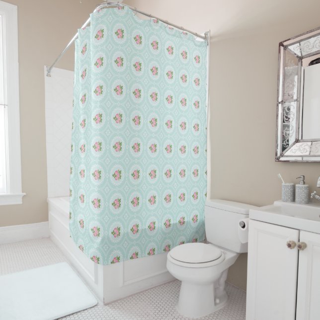 Cortina De Ducha Shabby Chic Light Blue Aqua Roses Rosa Bath (In situ)