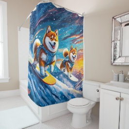 Cortina De Ducha Shiba Inu en diseño de tablas de nieve por Rich AM