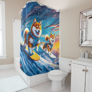 Cortina De Ducha Shiba Inu en diseño de tablas de nieve por Rich AM