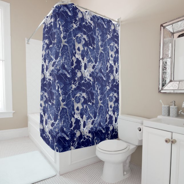 Cortina De Ducha Shower Curtain - Blue and Silver Marble Pattern (In situ)