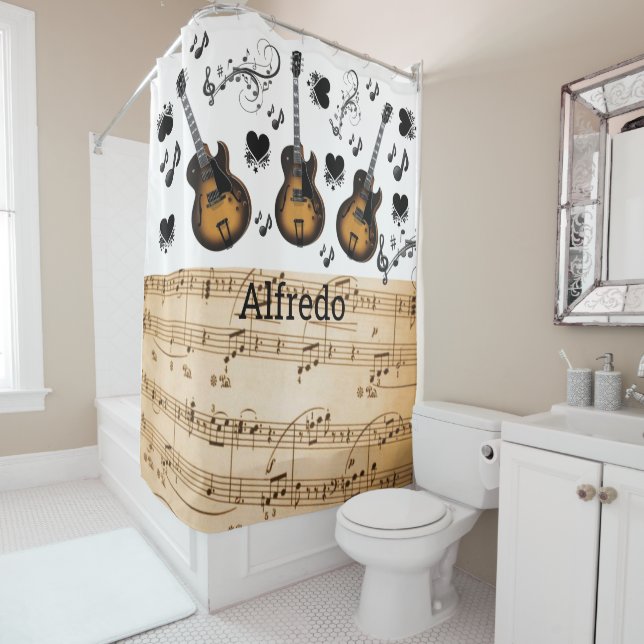 Cortina De Ducha Shower Curtain Music Notes Guitar Black Hearts (In situ)