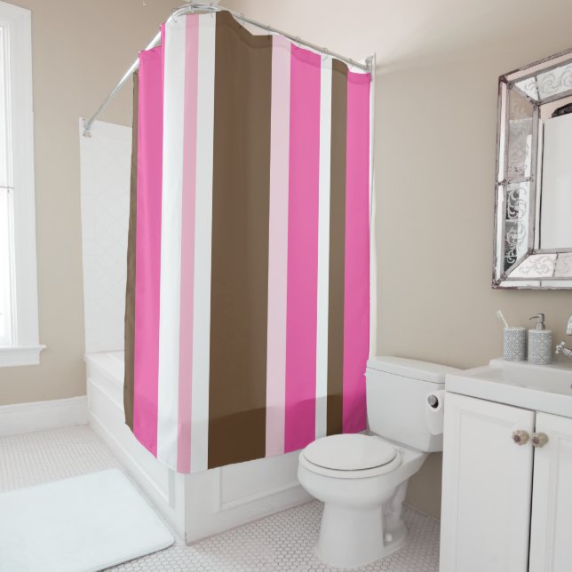 Cortina De Ducha Shower Curtain Neutral Brown & Pink Stripe  (In situ)