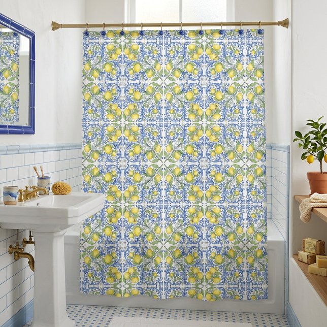 Cortina De Ducha Sicilian Lemon Blue Majolica Tile Shower Curtain (Sicilian Lemon Blue Majolica Tile Shower Curtain)