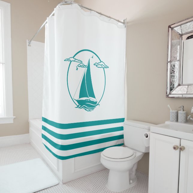 Cortina De Ducha Silhouette de barco náutico náutico/rayas acuática (In situ)