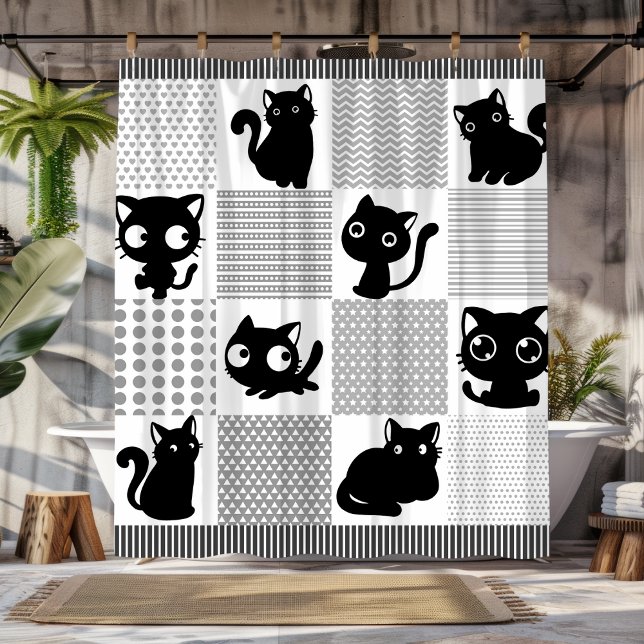 Cortina De Ducha Silhouettes de gato negro juguetón (Playful Black Cat Silhouettes Shower Curtain )