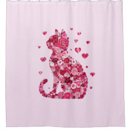 Cortina De Ducha Silueta de gato floral ArtFaux tela envuelta