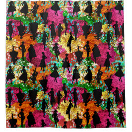 Cortina De Ducha silueta vintage de la floral negra de mediados del