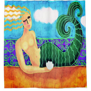 Cortina De Ducha Sirena con arte abstracto de concha marina