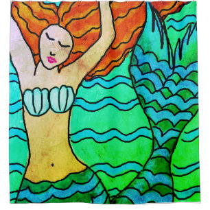 Cortina De Ducha Sirena con el Naranja Hair Abstract Art
