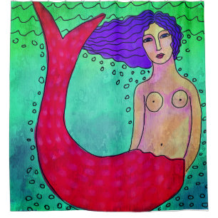 Cortina De Ducha Sirena con el pelo púrpura abstracta arte