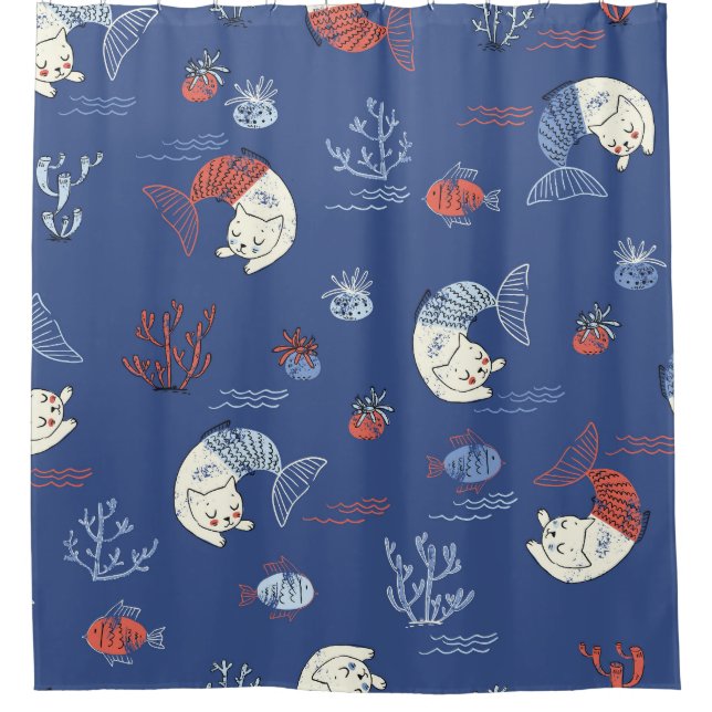 Cortina De Ducha Sirena de gatos, patrón sin costuras texturado. (Anverso)