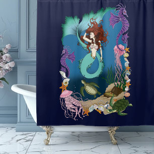Cortina De Ducha Sirena Mística Fantasía Oceánica Azul Vida Marina