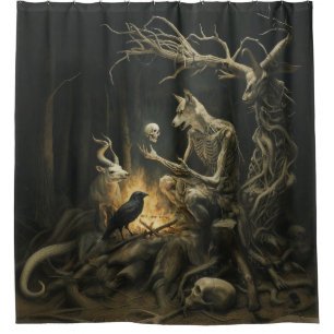 Cortina De Ducha Skeleton Dog Moon Occult Dark Witchy AI Art