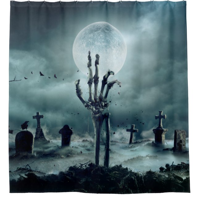 Cortina De Ducha Skeleton Zombie Mano Levantándose De Un GraveYard  (Anverso)