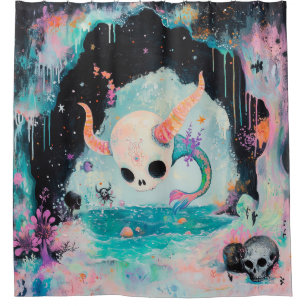 Cortina De Ducha Skull Horned Sea Serpent Mágica Brujería AI Arte