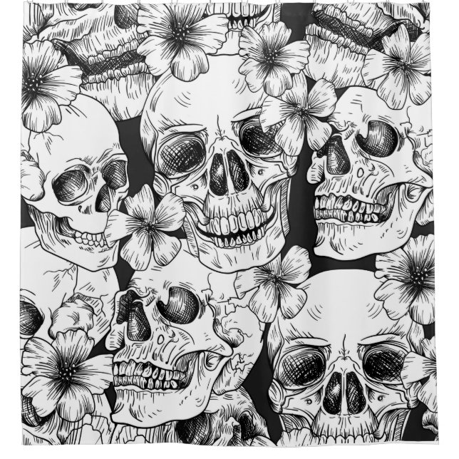 Cortina De Ducha Skulls florales negros (Anverso)