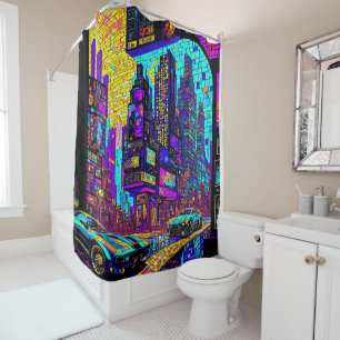 Cortina De Ducha Sorprendente Mosaic Sed Glass Neon Cyberpunk City