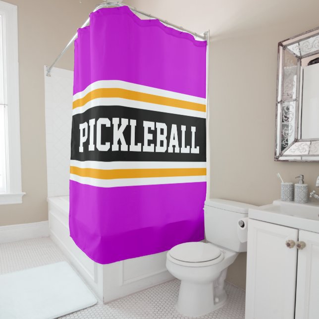 Cortina De Ducha Sporty PICKLEBALL Fun Black Carreras Strips (In situ)