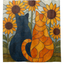 Cortina De Ducha Stained Glass Cats and Sunflowers Art Design