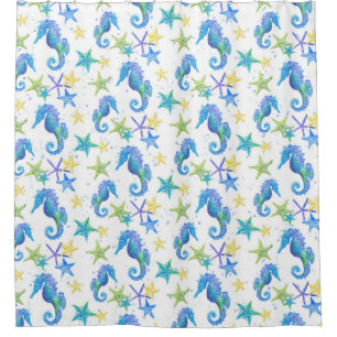 Cortina De Ducha Starfish and Seahorse Watercolor Beach Bathroom
