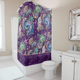 Cortina De Ducha Subacuático Purple Luxe Dark Pastel Gold Sea Lif