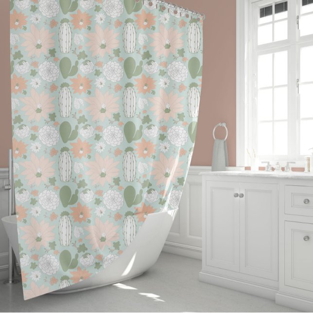 Cortina De Ducha Suculentos Cactus Peach Green Floral (Cactus Succulents Peach Green Floral Shower Curtain from Studio Posies.)
