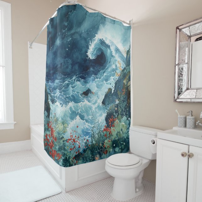 Cortina De Ducha Sueños acuáticos: acuarela inspirada en Hokusai (In situ)