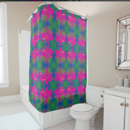 Cortina De Ducha Sueños de Selva Hibisco Verde Azul Rosa Caliente