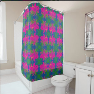 Cortina De Ducha Sueños de Selva Hibisco Verde Azul Rosa Caliente