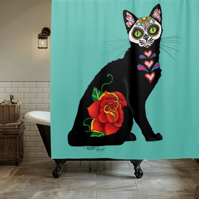 Cortina De Ducha Sugar Skull Black Cat (Subido por el creador)