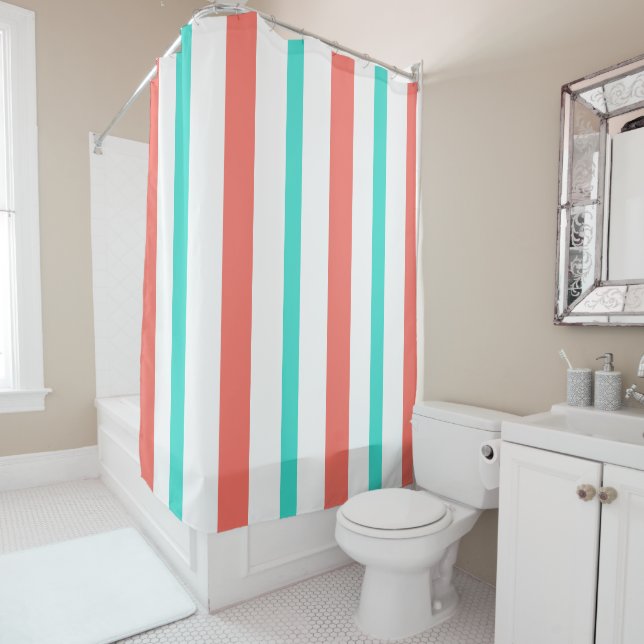 Cortina De Ducha Summer Coral Turquoise White Vertical Stripes (In situ)