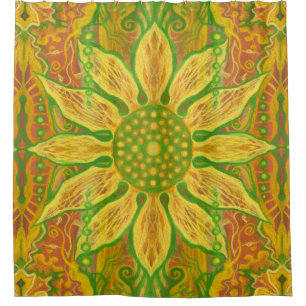 Cortina De Ducha Sun Flor bohemio arte floral amarillo naranja verd