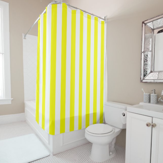 Cortina De Ducha Sunshine Yellow and White Striped Print (In situ)