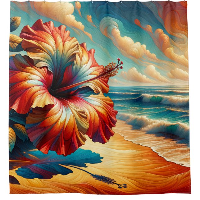 Cortina De Ducha "Surreal Hibiscus Beach Scene" (Anverso)