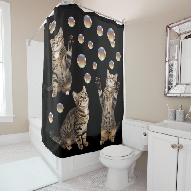 Cortina De Ducha Tabby Cat Bubbles Cat Shower Curtain (In situ)